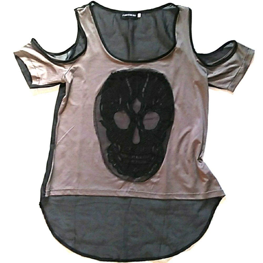 NWOT FancyQube Cold Shoulder Black Mesh Skull Top